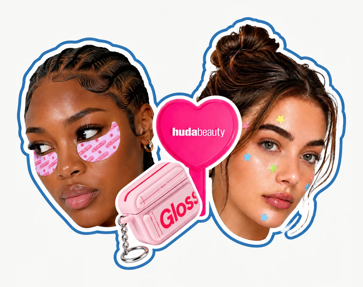 A Glossier earbuds case and a heart-shaped Huda Beauty pocket mirror, between two faces, one wearing under-eye patches, the other star-shaped acne patches.
