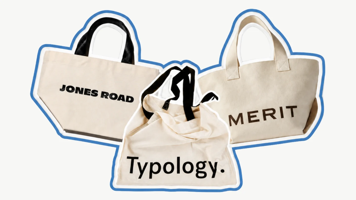 Three natural canvas tote bags, from Jones Road, Typology and Merit.
