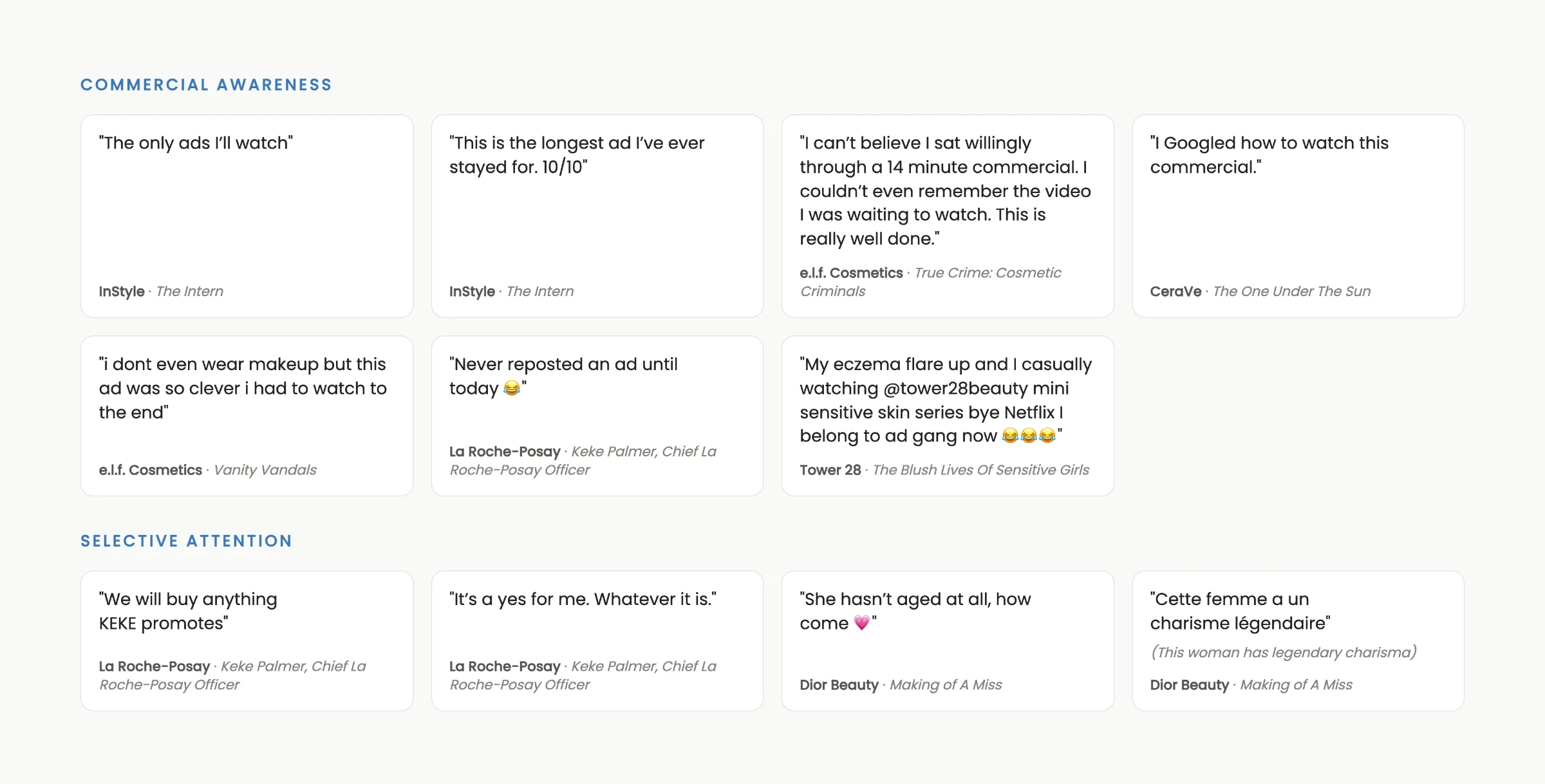 Twelve comments arranged in two sets. Commercial awareness, at InStyle, e.l.f. Cosmetics, CeraVe, La Roche-Posay and Tower 28: