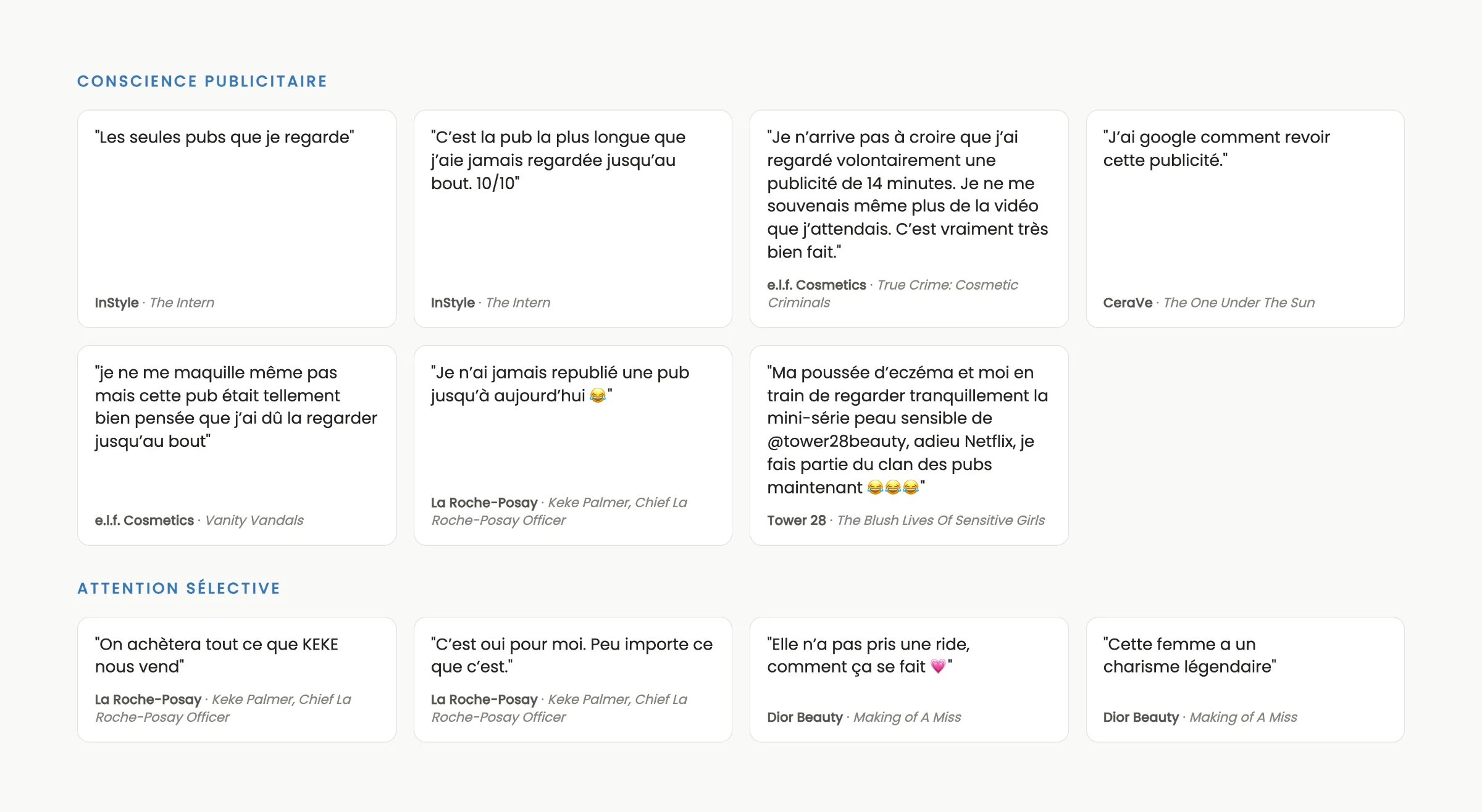 Douze commentaires rangés en deux ensembles. Conscience publicitaire, chez InStyle, e.l.f. Cosmetics, CeraVe, La Roche-Posay et Tower 28 : « Les seules pubs que je regarde », « C'est la pub la plus longue que j'aie jamais regardée jusqu'au bout. 10/10 », « J'ai google comment revoir cette publicité. », « Je n'ai jamais republié une pub jusqu'à aujourd'hui ». Attention sélective, chez La Roche-Posay et Dior Beauty : « On achètera tout ce que KEKE nous vend », « C'est oui pour moi. Peu importe ce que c'est. », « Elle n'a pas pris une ride, comment ça se fait », « Cette femme a un charisme légendaire ».